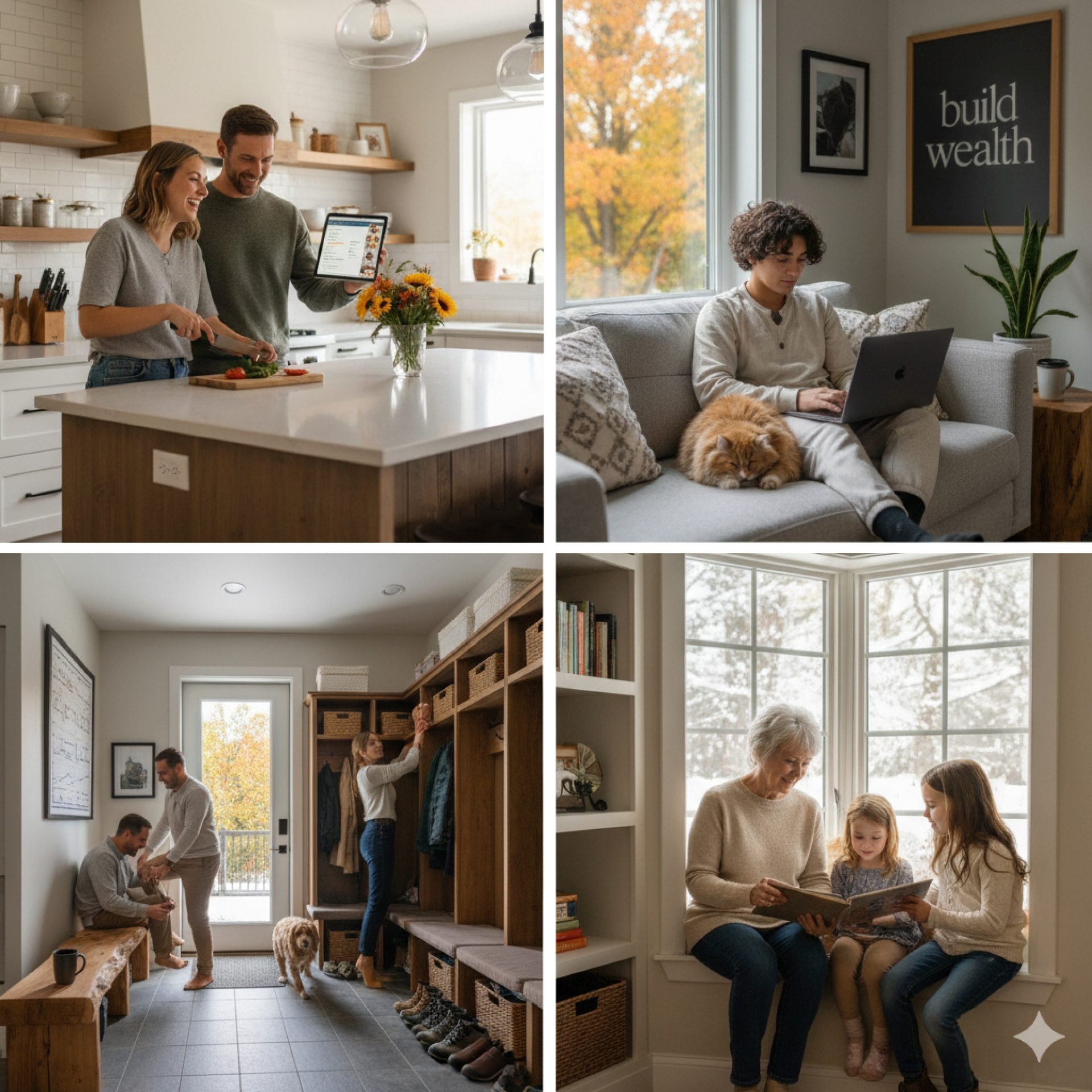 Families enjoying rooms in their new homes with their families.