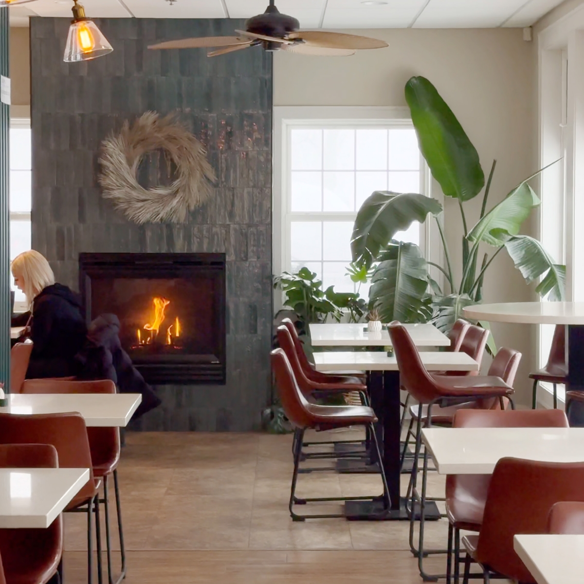 interior of wine bar with fireplace