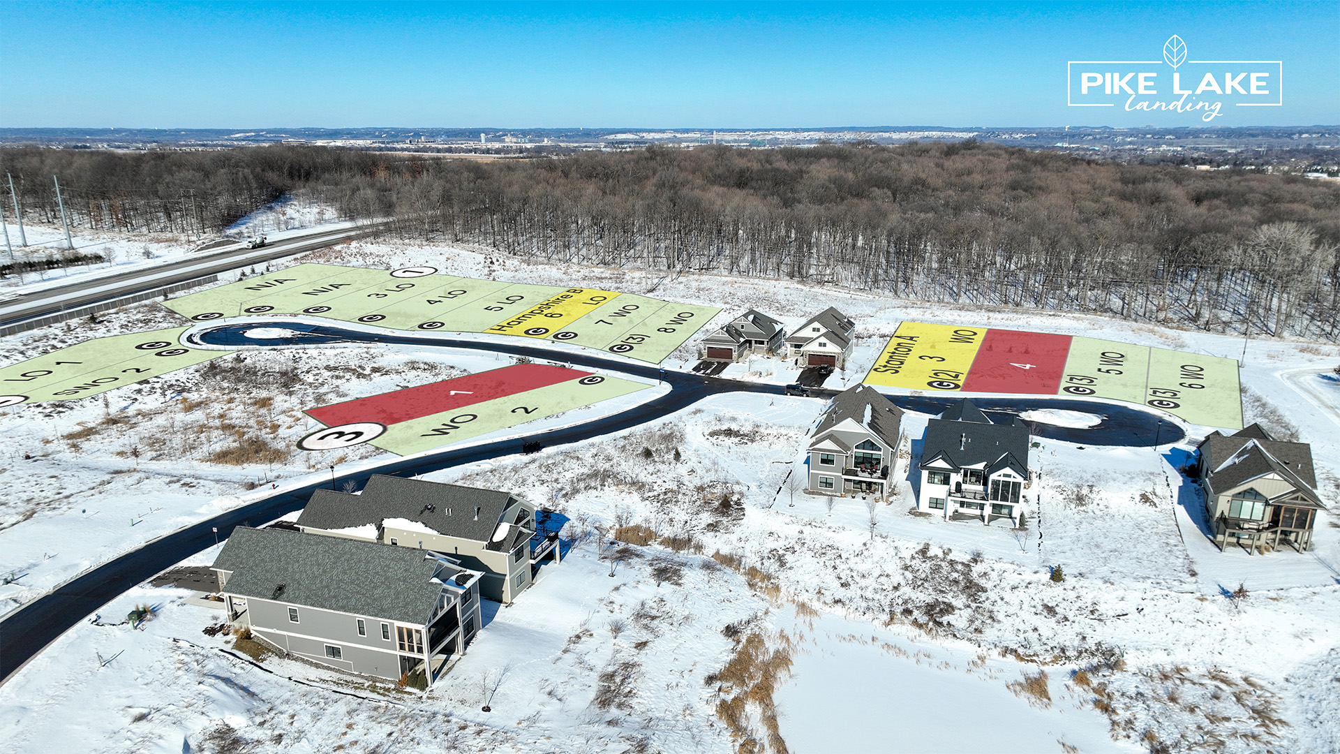 Aerial of pike lake landing development with plat map superimposed showing which lots have wooded views.